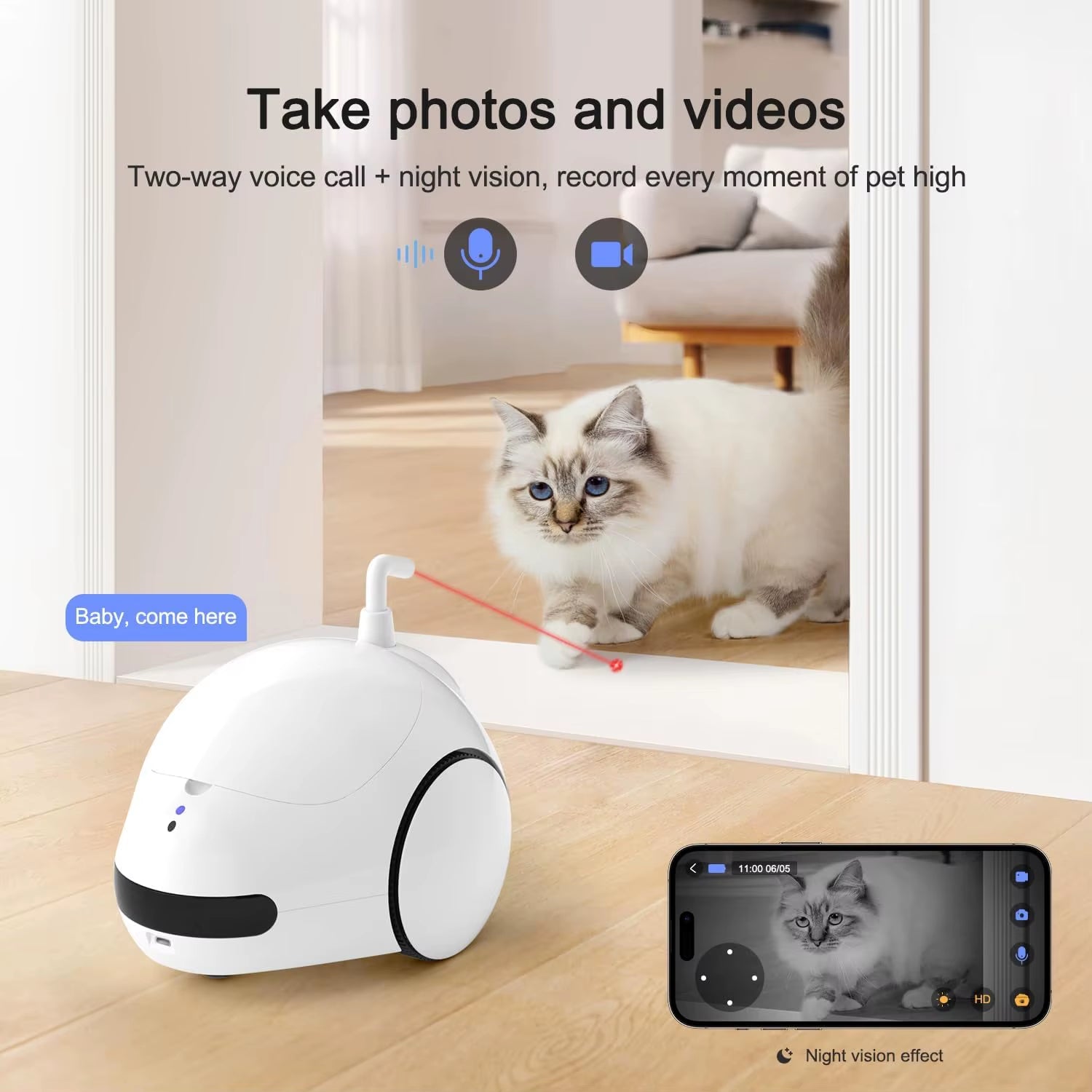 Pet Camera, Moving Pet Camera Robot with Phone App, Cat Toys with Camera, Pet Camera Treat Dispenser Robot, Dog Camera with Nigh